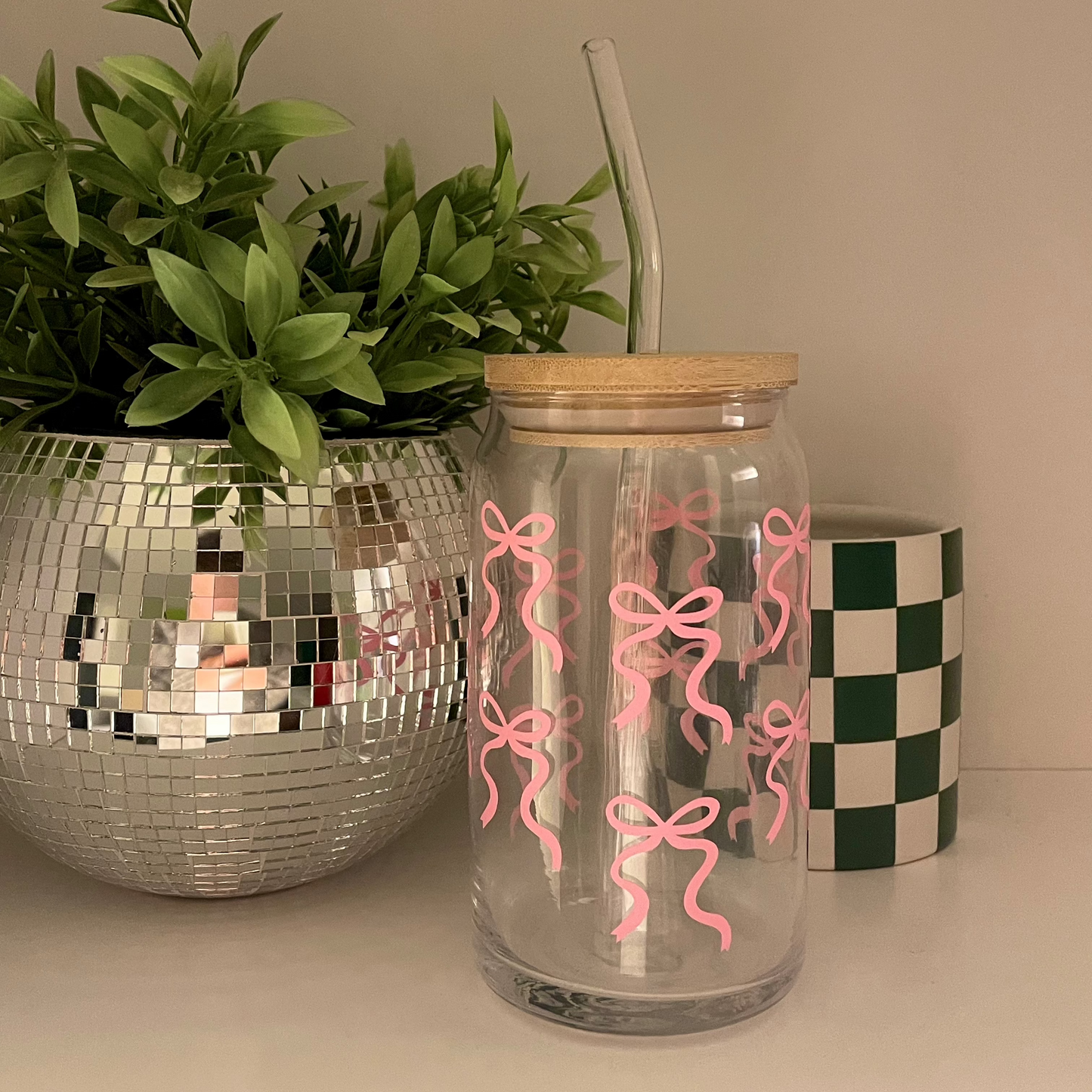 Bows Glass Can *PRE ORDER FOR COLLECTION FROM FLAURA ROSE*